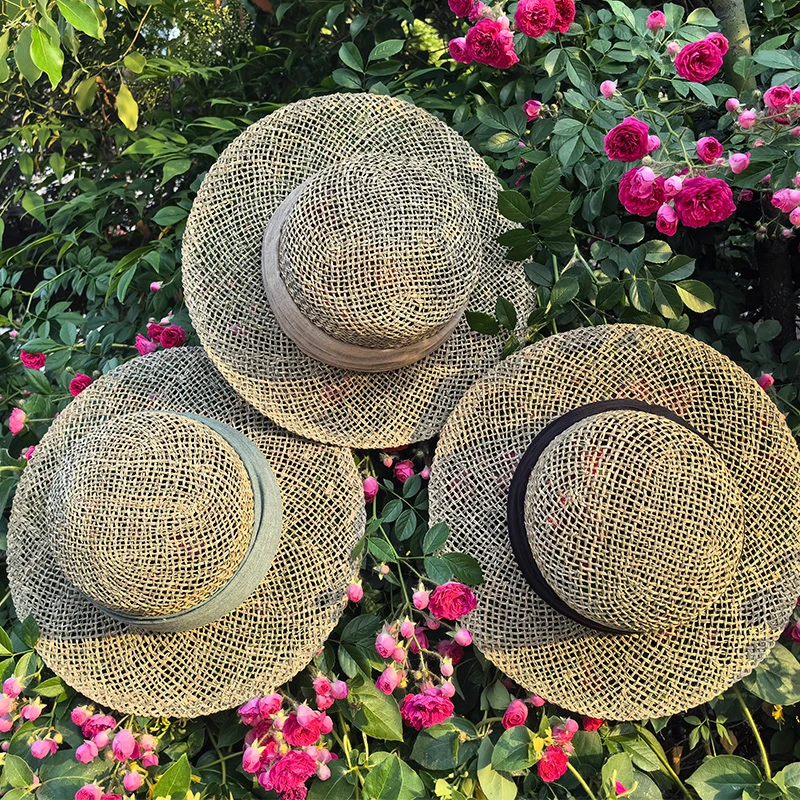 浪漫法式小礼帽咸草大帽檐手工编织平顶草帽百搭复古英伦风草帽