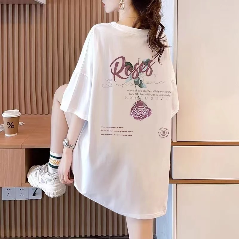 纯棉短袖t恤女2024夏季潮牌印花休闲宽松大码中长款ins大版上衣女