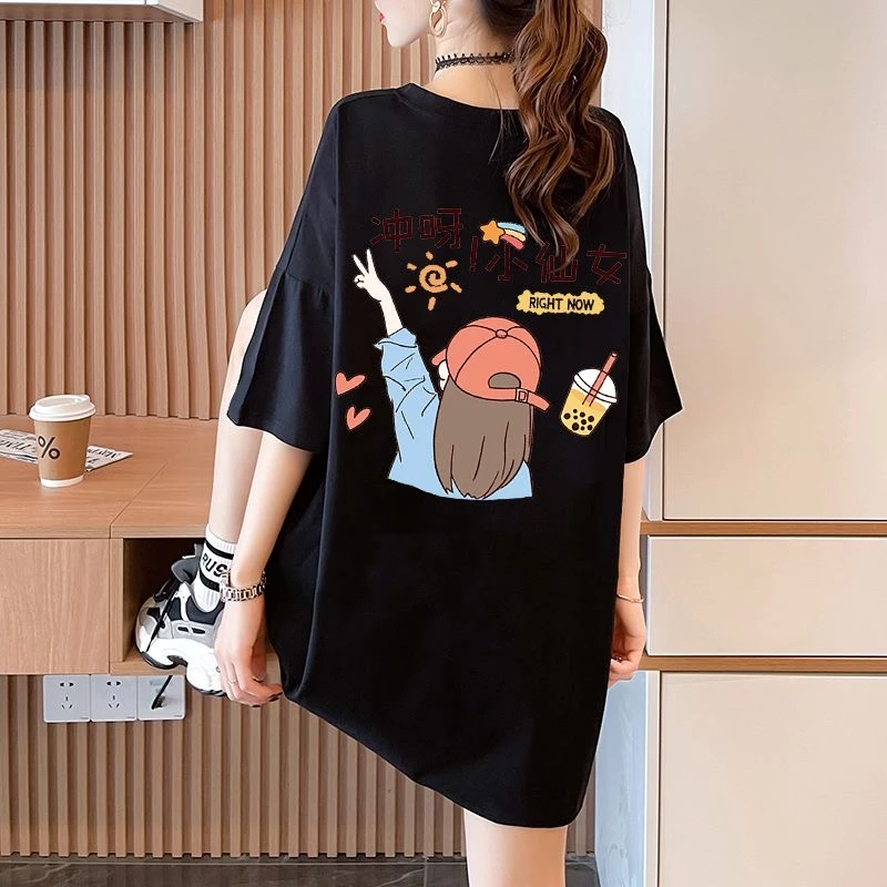 纯棉短袖t恤女2024夏季新款中长款大码减龄女装显瘦ins宽松上衣潮