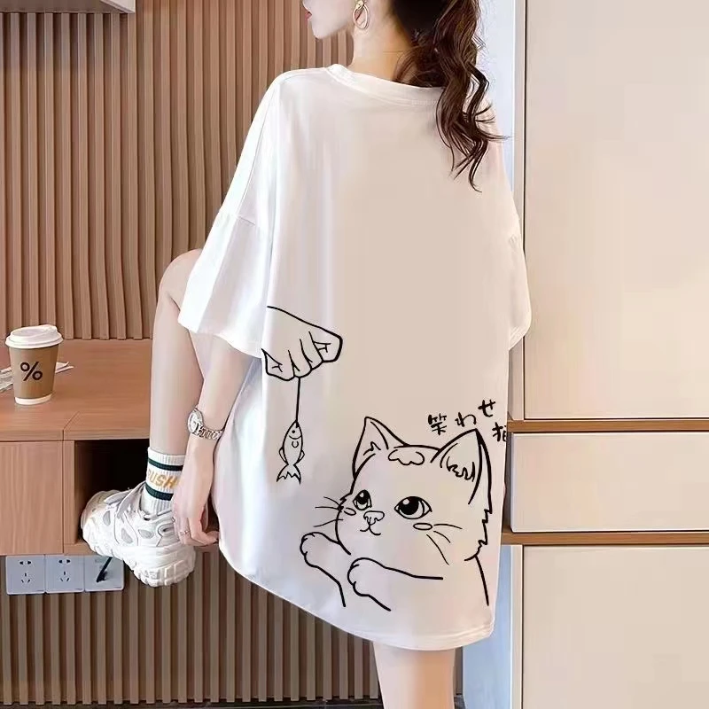 纯棉短袖t恤女大码女装2024新款夏季中长款卡通体恤宽松上衣ins潮
