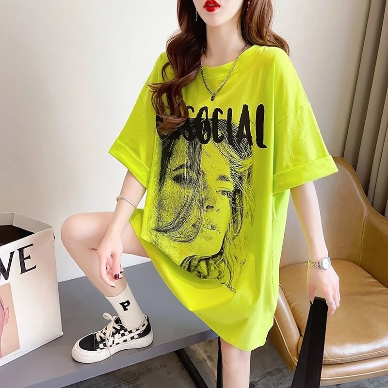 纯棉短袖t恤女ins潮人物印花2024新款夏设计感中长款洋气宽松上衣