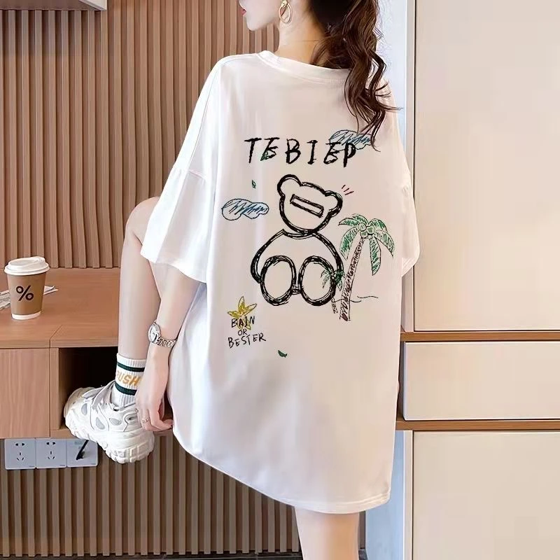 2024夏季新款纯棉T恤女中长款大版短袖上衣ins潮百搭宽松大版t恤