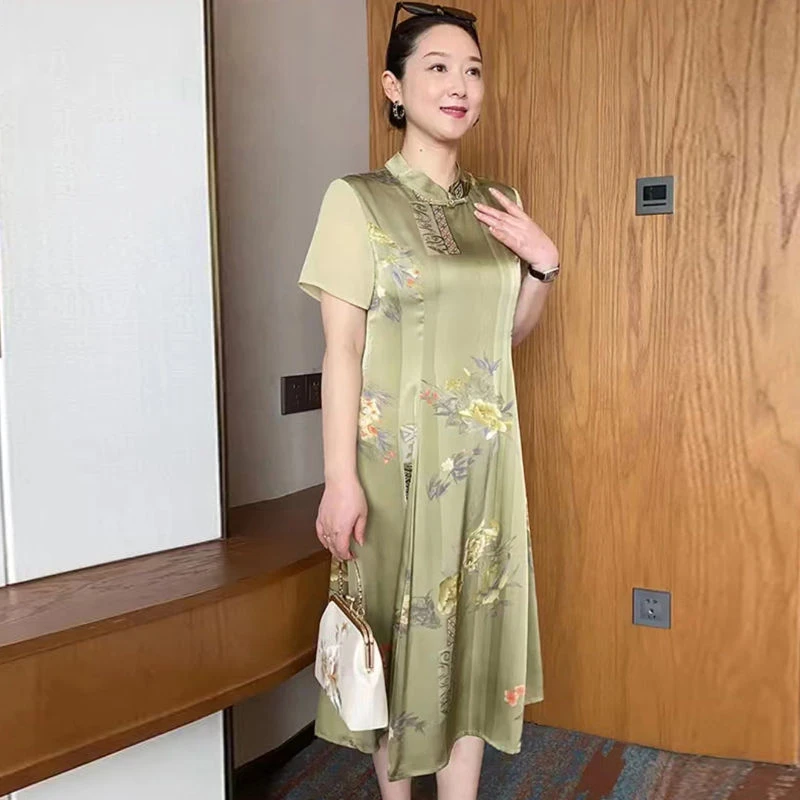 妈妈夏装雪纺连衣裙40岁50中老年女装2023新款洋气长款旗袍裙子薄