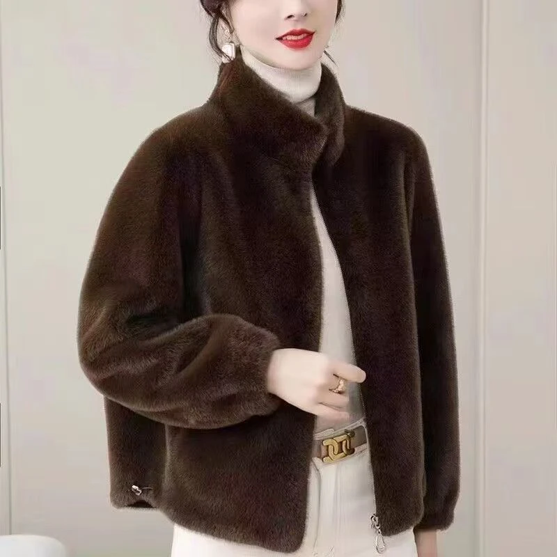 妈妈水貂绒外套秋冬新款洋气短款中老年女冬装仿皮草皮毛一体上衣