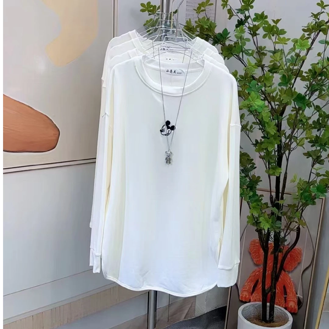 长袖t恤女宽松遮肉2024新款秋冬韩版上衣中长款显瘦减龄棉打底衫