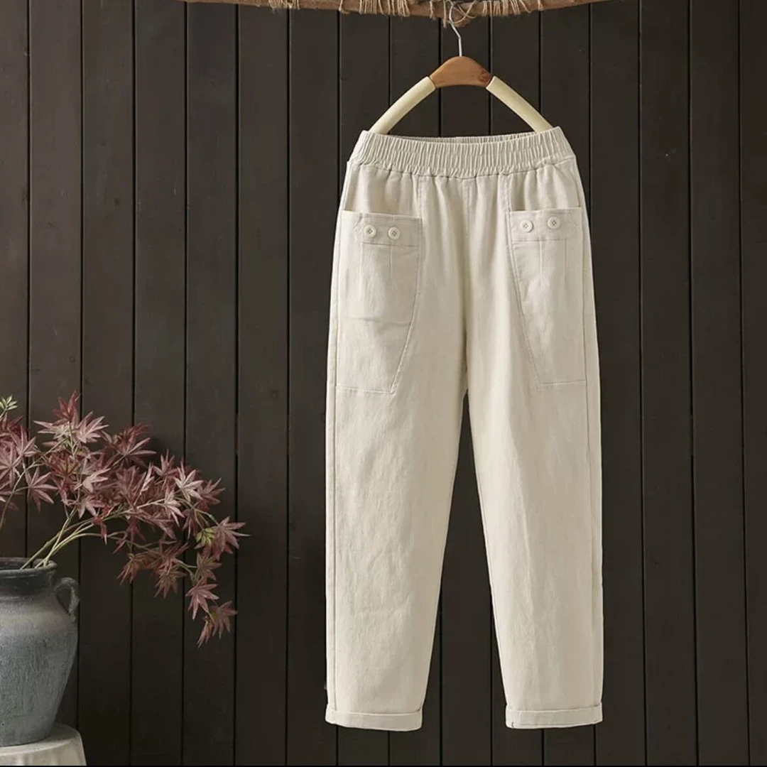 米白色春秋新款哈伦裤长裤子2024新款高腰显瘦斜纹棉直筒休闲裤