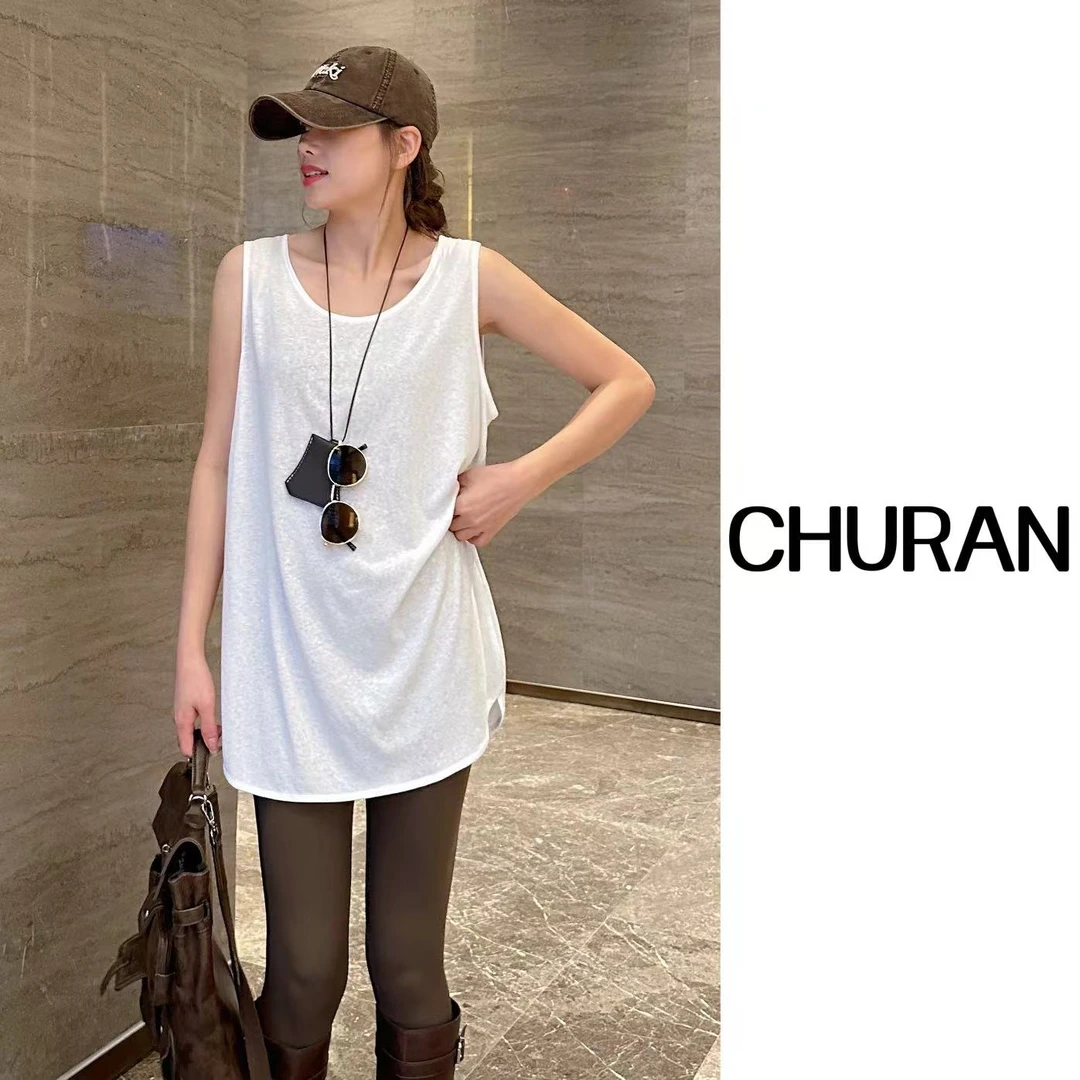 U.V.Y新款宽松开叉清凉显瘦防走光白色背心外穿无袖打底薄款