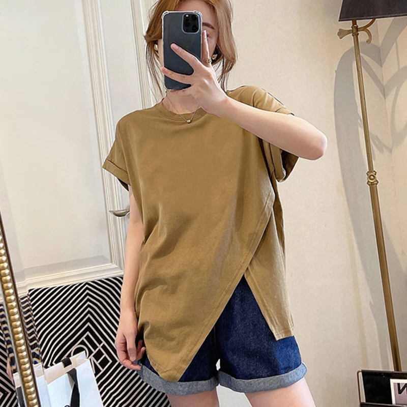 不规则设计感圆领开叉t恤小众短袖t恤女新款宽松韩版洋气衣服女