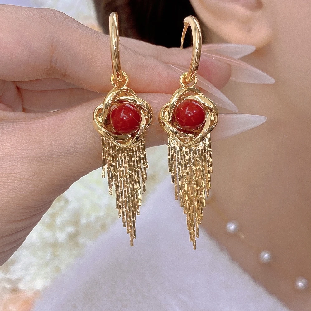 铜合金耳饰 轻奢气质百搭复古红色流苏耳环0124