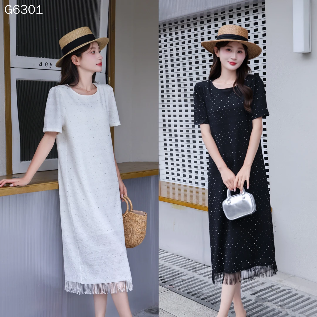 法式重工烫钻流苏连衣裙女2024夏季新款减龄气质名媛圆领大码长裙