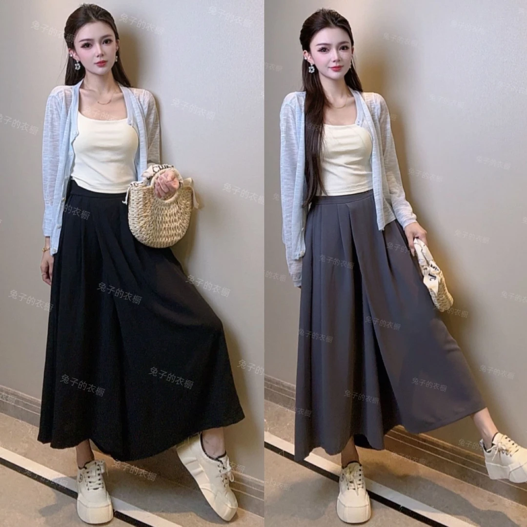 冰感丝裙裤显瘦夏季新款叠搭式设计感黑时尚女阔腿裤高腰薄款宽松