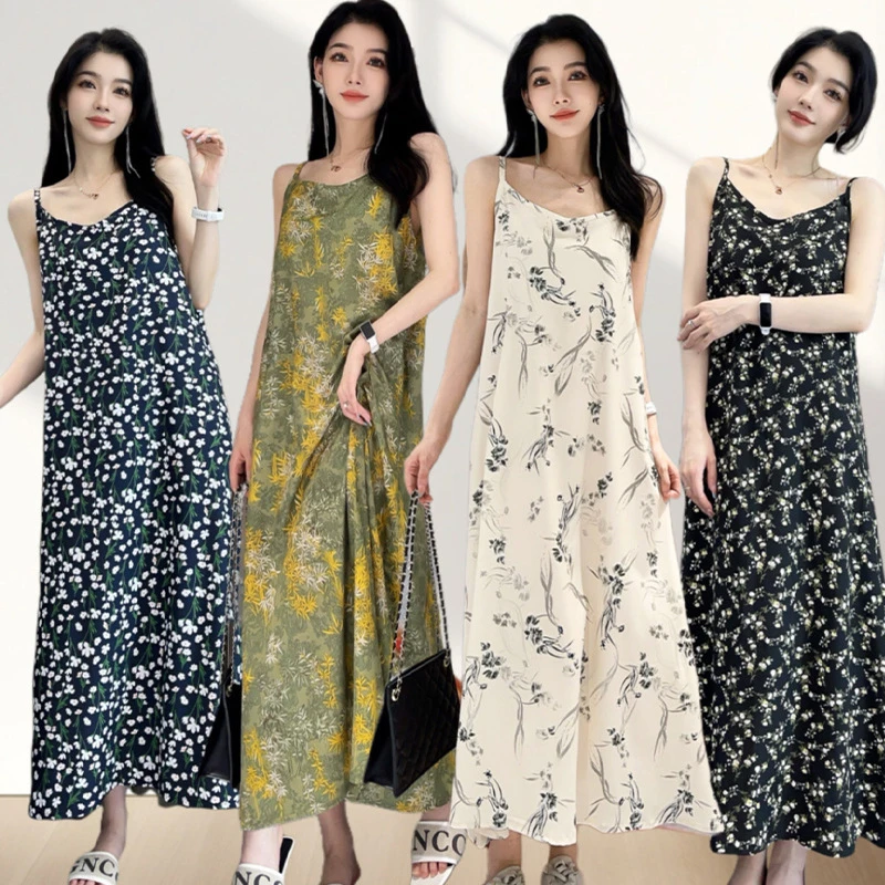韩系气质吊带连衣裙女法式宽松复古长裙高腰显裙子宽松连衣裙时尚