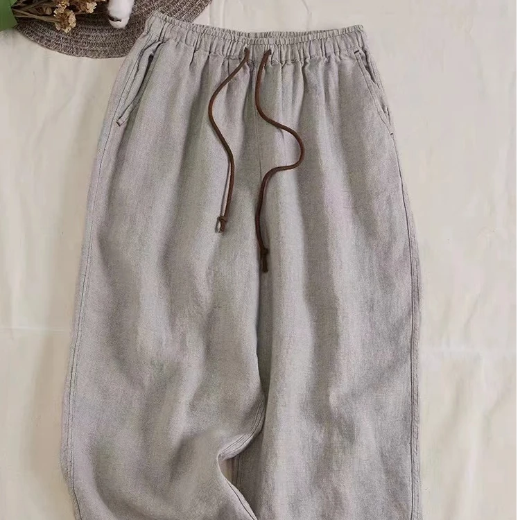 【左耳与麻】2夏季高货女装法国诺曼底双雨露亚麻直筒裤明线9921