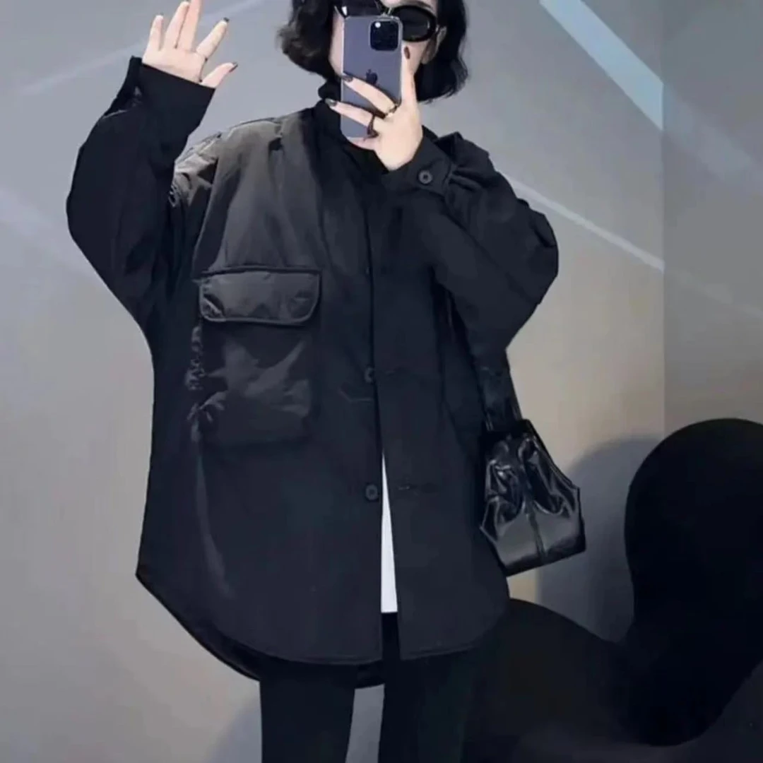 【左耳与麻】秋冬新款大版纯色衬衫款棉衣外套女2401