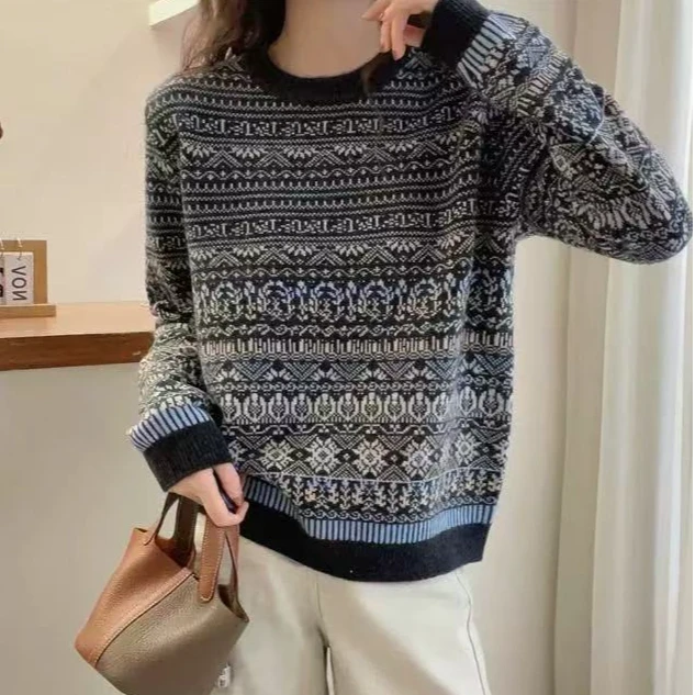 【左耳与麻】冬季新款高货费尔岛复古风撞色圆领全毛羊毛衫HY87070