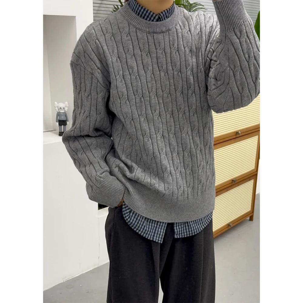 【浮雕英伦麻花850克重磅】秋冬季套头纯色圆领针织毛衣男士宽松