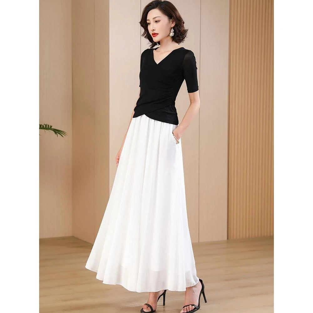 大摆长裙半身裙a字雪纺垂感沙滩裙松紧腰夏女大码仙女裙白色高腰