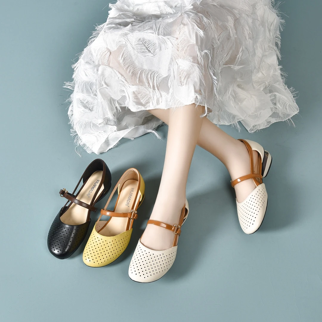 YJ638175-Z镂空真皮凉鞋女一字扣带圆头粗跟透气