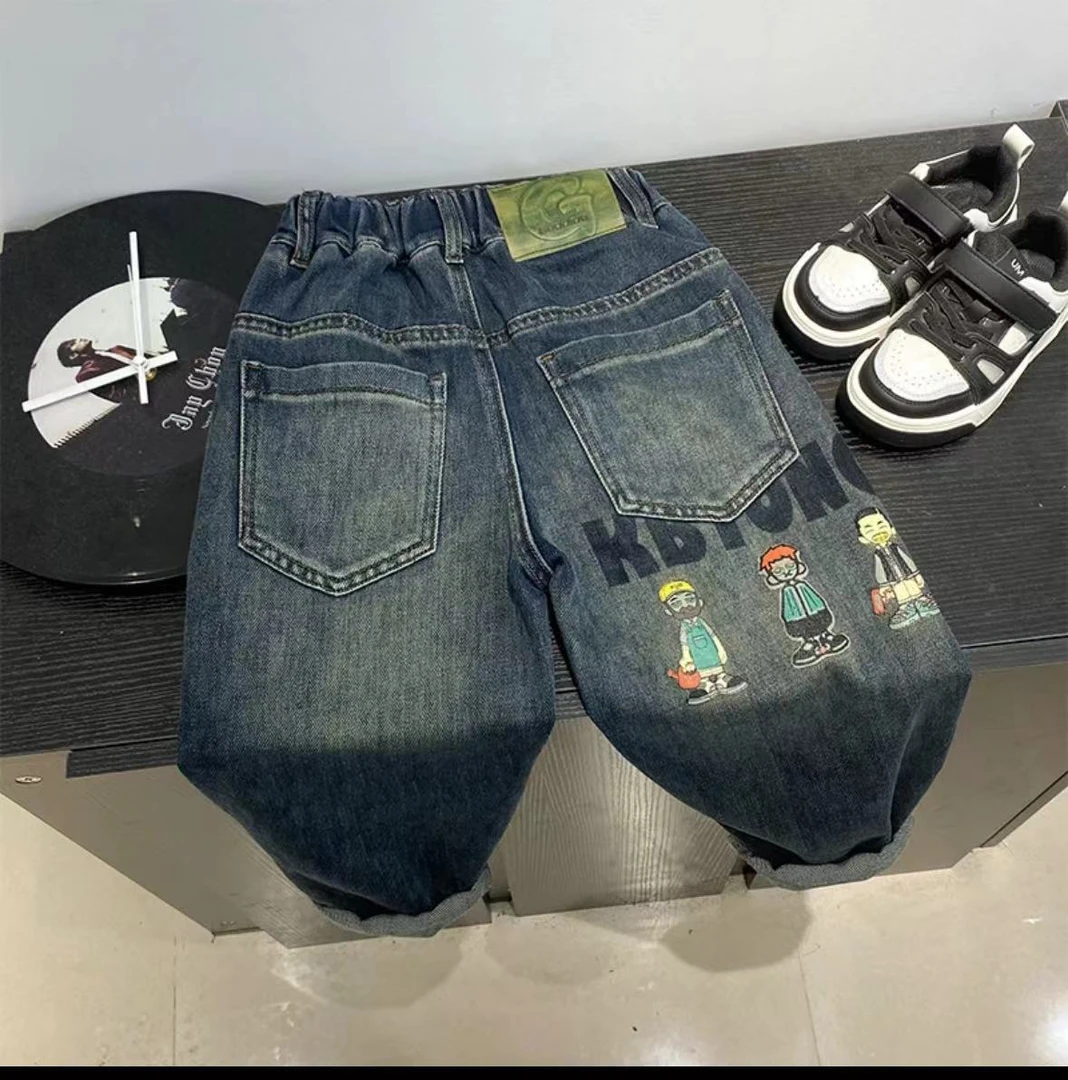 秋季新款儿童时尚休闲韩版潮流牛仔裤印花人物8813