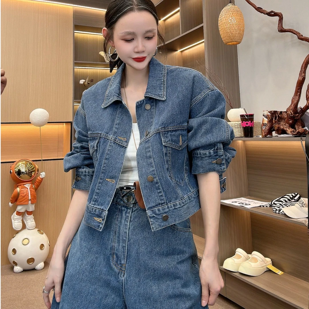 【Q】显瘦牛仔复古两件套法式宽松休闲牛仔套装LZX915