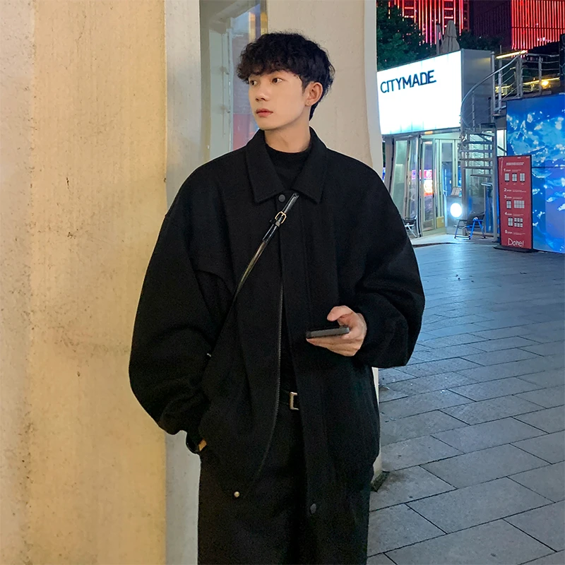 OHUP美式高街痞帅vintage毛呢外套男感宽松休闲翻领夹克飞行员