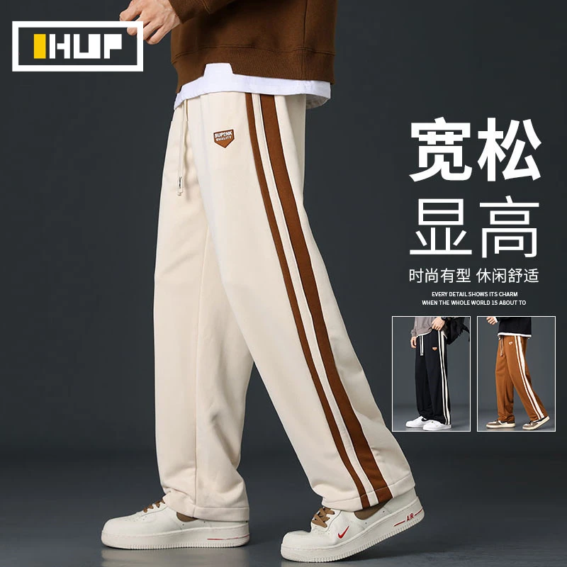 直筒裤子男士春秋季薄款潮流宽松高街百搭卫裤女美式条纹休闲裤男