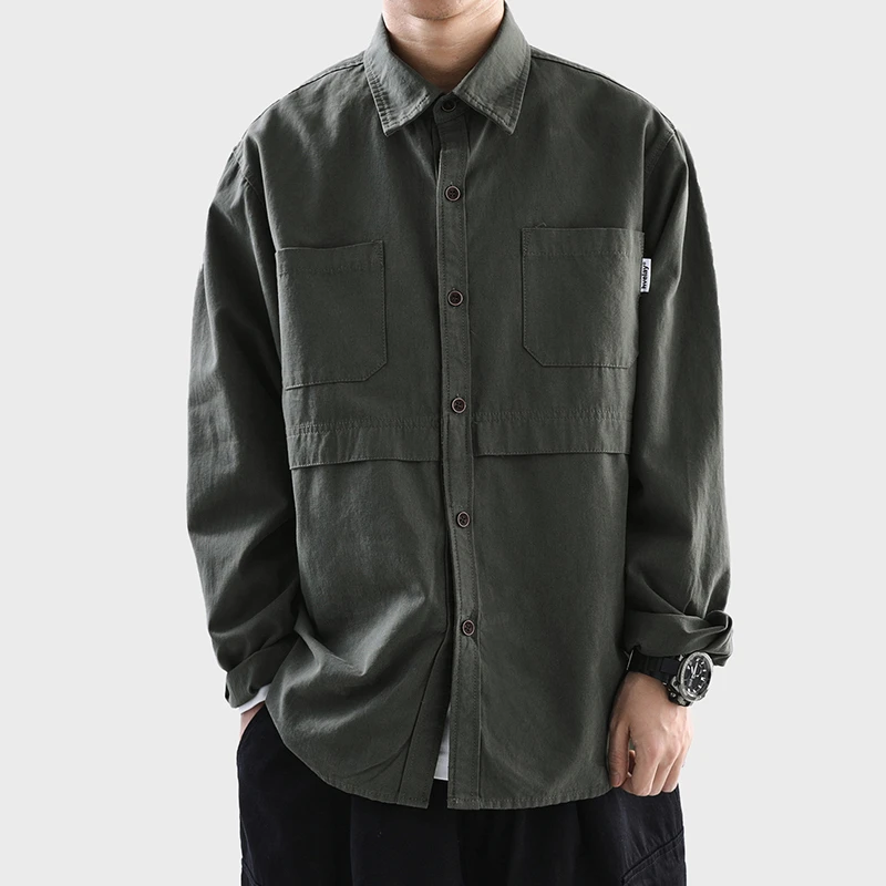休闲工装衬衫春秋美式cityboy宽松男日系百搭纯色加绒衬衣ins外套