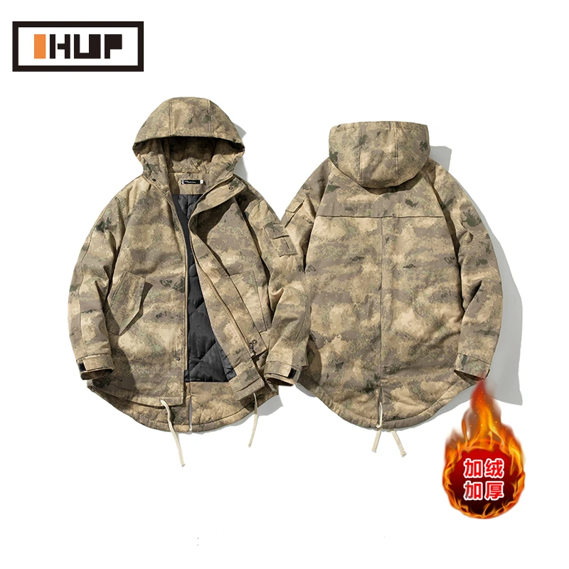 男士中长款军绿大衣保暖防风2025冬季款美式潮牌迷彩工装连帽棉服