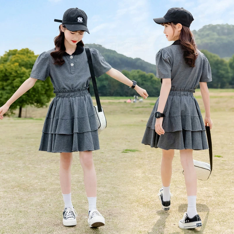 女童夏装套装2024新款时尚学生洋气学院风POLO夏季百褶半身裙两件
