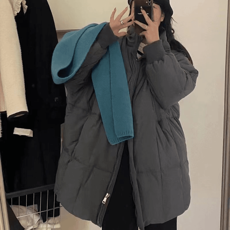 2023韩版立领蝙蝠袖中长款羽绒服女冬季宽松显瘦加厚白鸭绒外套潮
