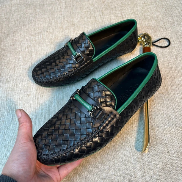 夏季男士豆豆鞋2023新款手工编织懒人鞋乐福牛皮舒适透气男鞋时尚