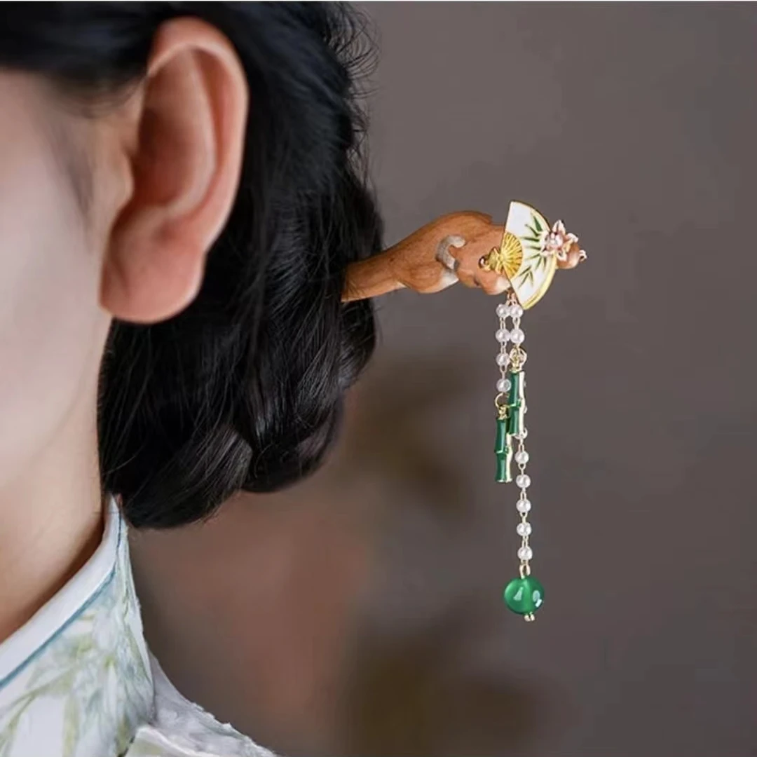 【竹扇】桃木高定新中式天然木制发簪古风盘发簪气质头饰簪子