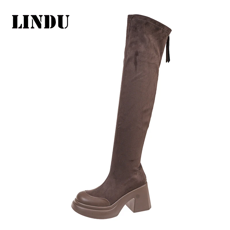 8cm时尚方头过膝长靴女粗跟厚底瘦瘦靴高跟绒面时装女靴2023新款