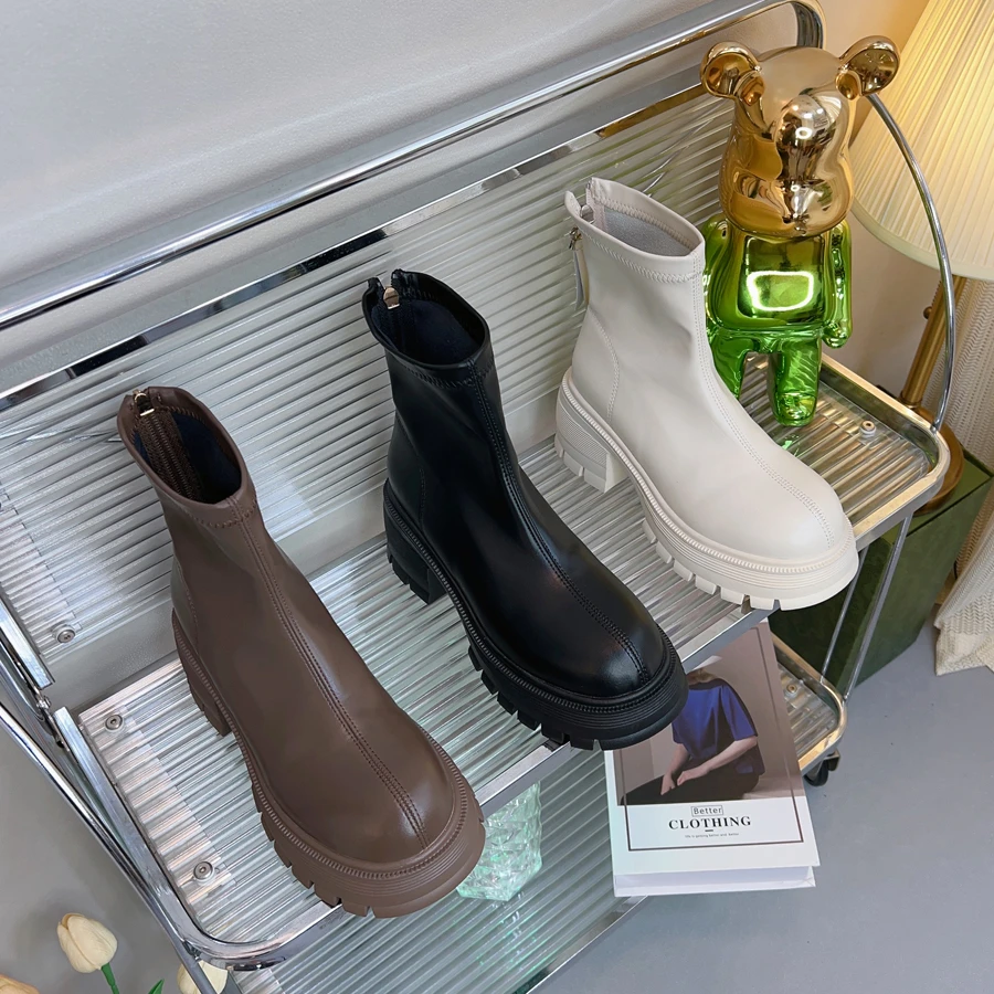 新款粗跟靴子女鞋2023秋冬中跟英伦百搭厚底小短靴时尚高跟瘦瘦靴