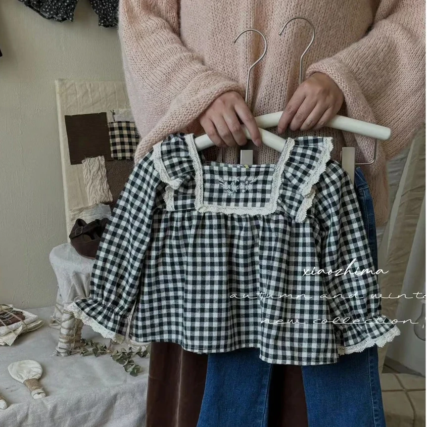 纯棉女童衬衫时尚洋气百搭花边格子长袖娃娃衫T恤娃娃衫韩系秋季