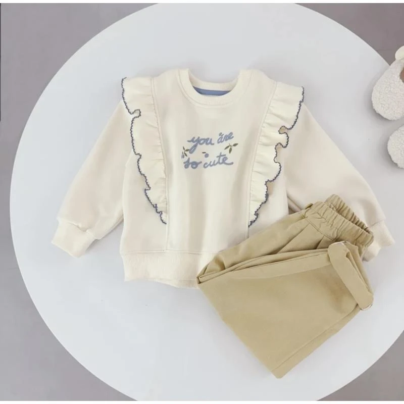 蓝白刺绣春秋卫衣女童大木耳边可爱百搭长袖圆领上衣