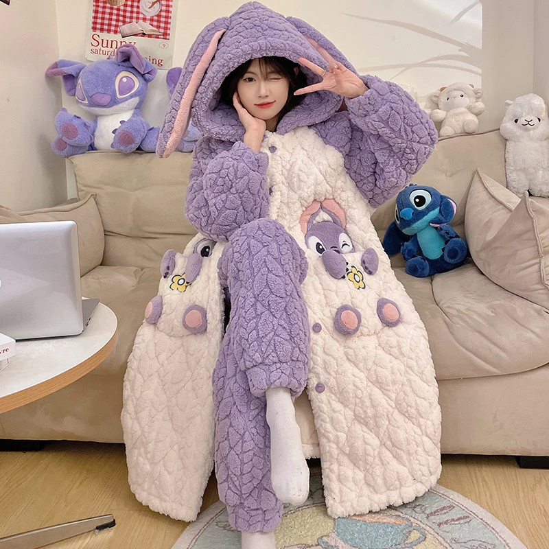三层夹棉加厚加绒睡袍冬季卡通可外穿珊瑚绒睡衣女士家居服 3307