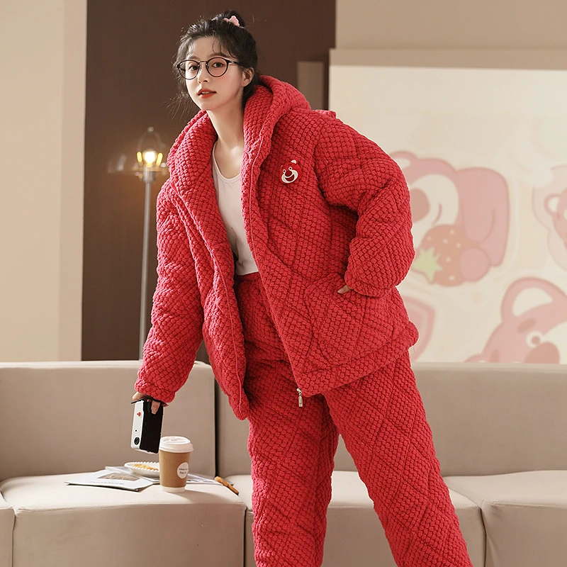 三层加厚夹棉冬季睡衣女士法兰绒拉链卡通甜美珊瑚绒家居服 8963