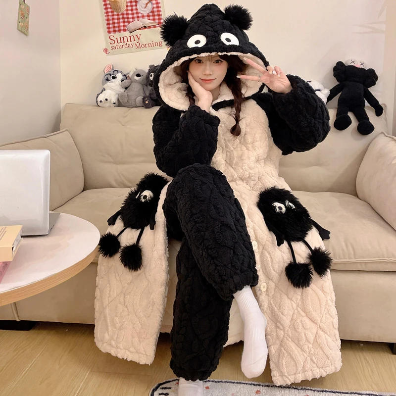 三层夹棉加厚加绒睡袍可外穿冬季睡衣女士卡通珊瑚绒家居服 9003