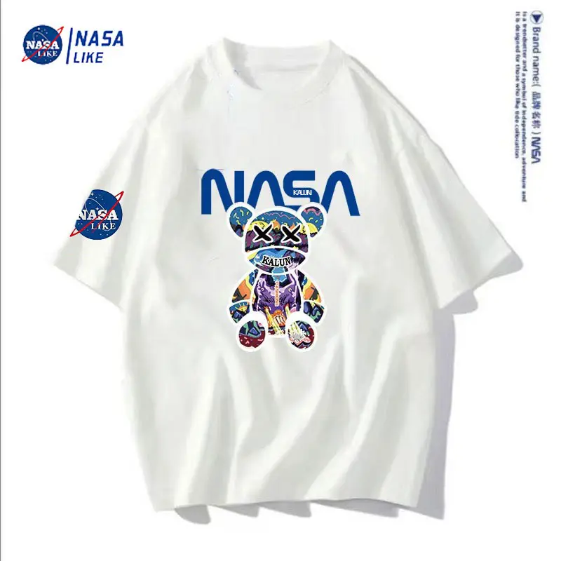 NASA联名新款夏季潮牌T恤短袖男女同款白色圆领印花百搭-小彩熊