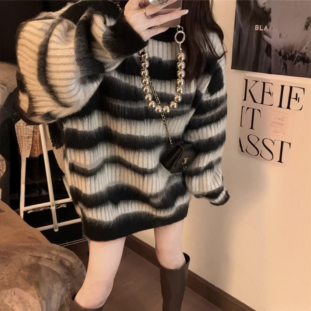 美式复古中长款条纹毛衣女秋冬季加厚遮屁股针织衫下半身失踪上衣