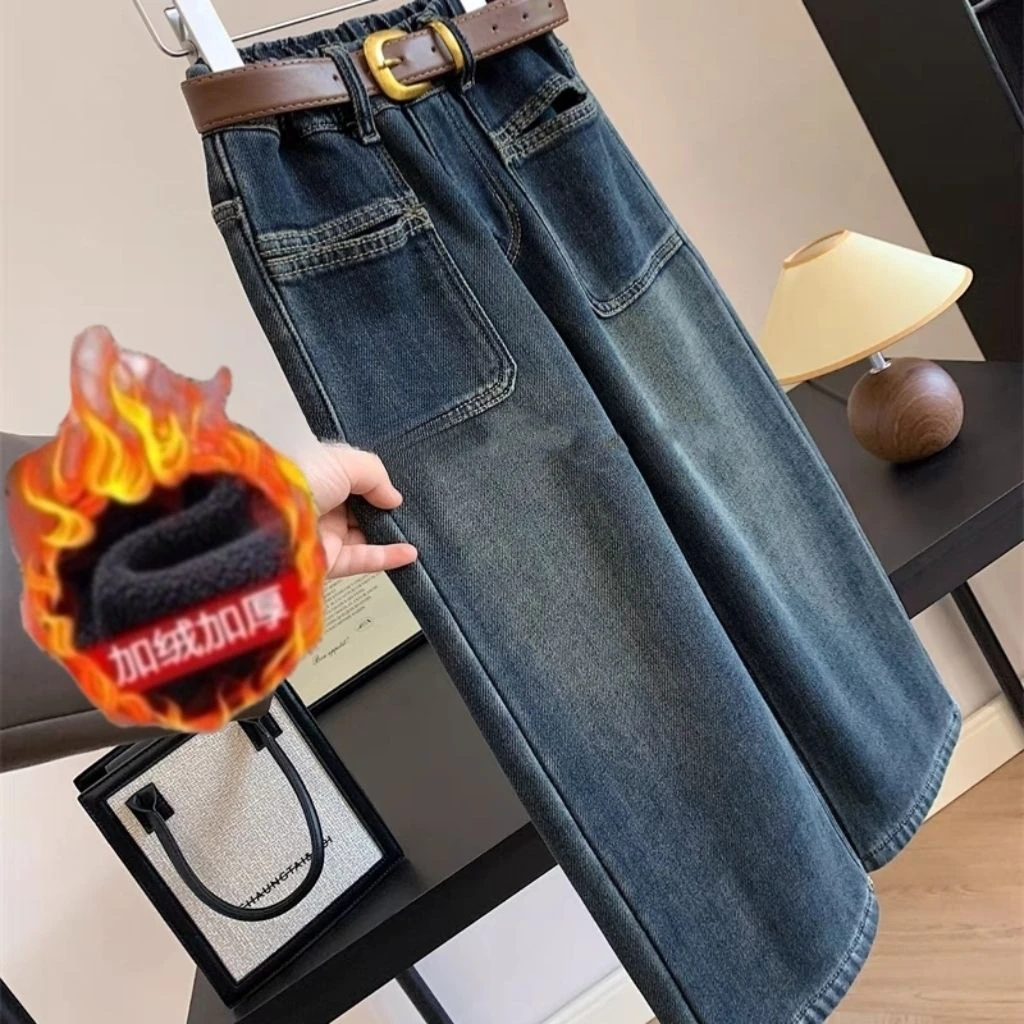 女童一体绒牛仔裤年冬装新款韩版洋气中大童外穿冬季阔腿长裤大码