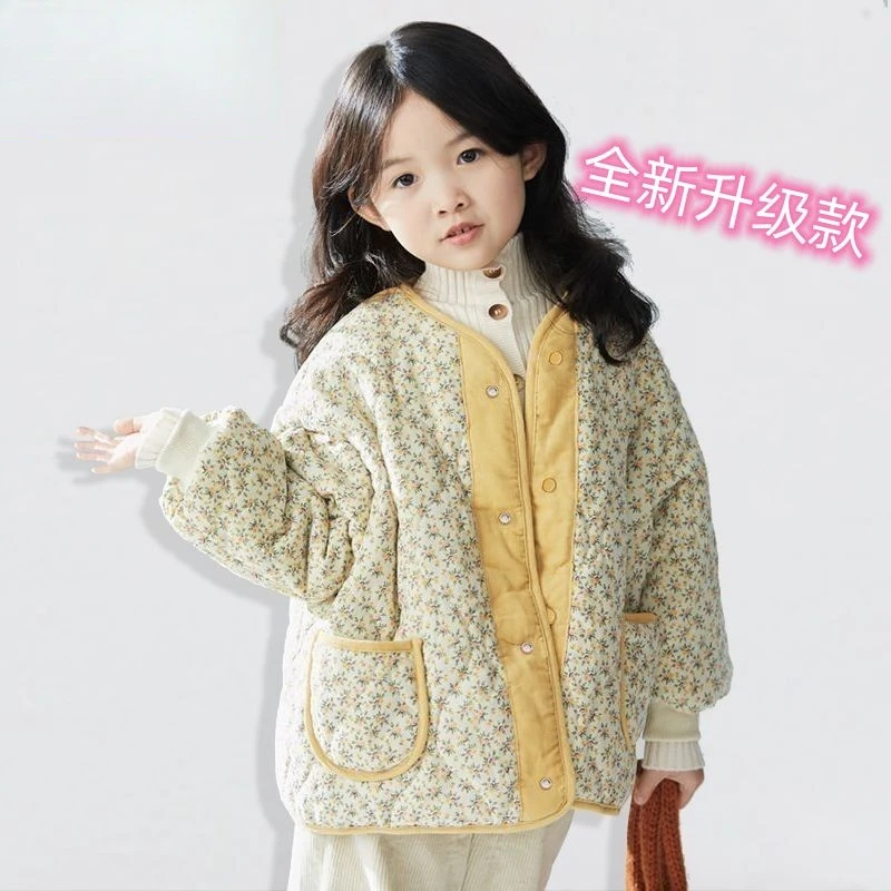 女童碎花棉袄新款初冬夹棉加绒外套棉衣女孩美拉德韩版休闲棉服