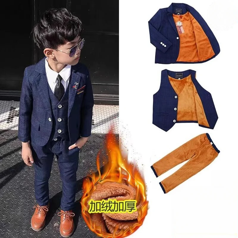儿童西装套装男童秋冬加绒男孩主持演出西服小孩宝宝花童礼服加厚