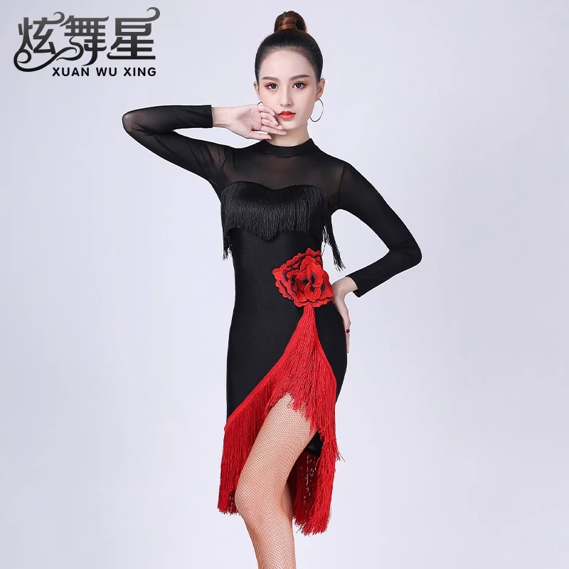 高端拉丁舞服2025新款秋冬款长袖比赛服性感流苏表演服网纱艺考服