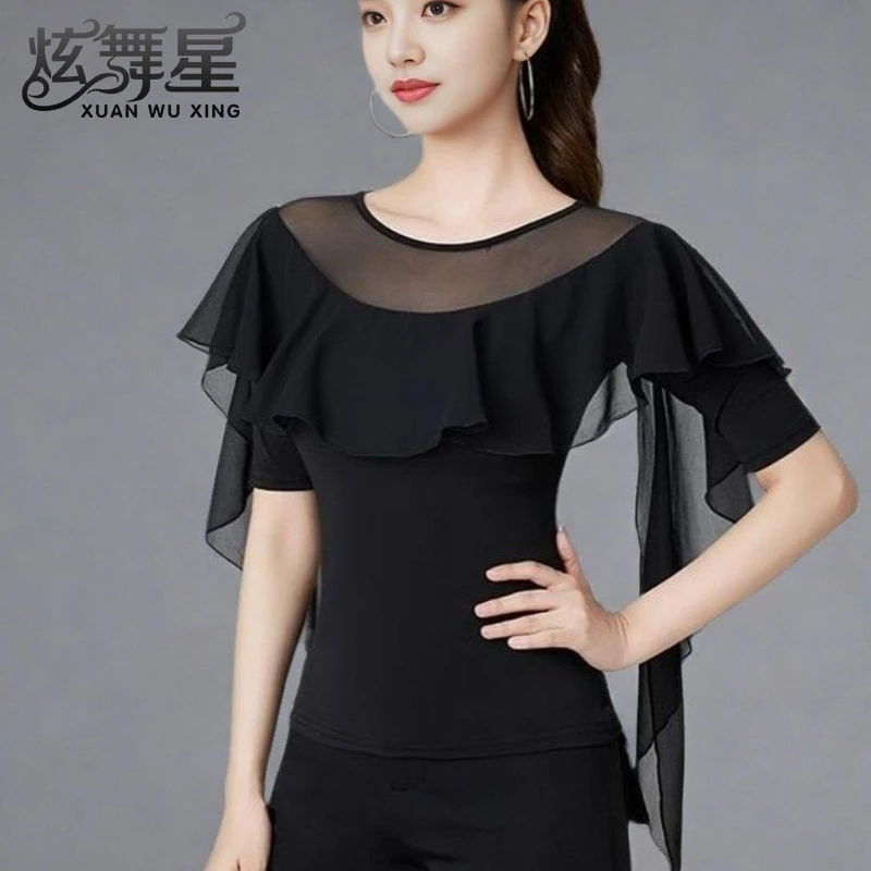拉丁舞练功服女新款圆领洋气交谊舞服装高端荷叶边网纱摩登舞上衣