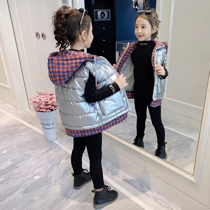 女童马甲棉衣冬装2023新款洋气女孩加厚外套秋冬儿童假两件棉服潮