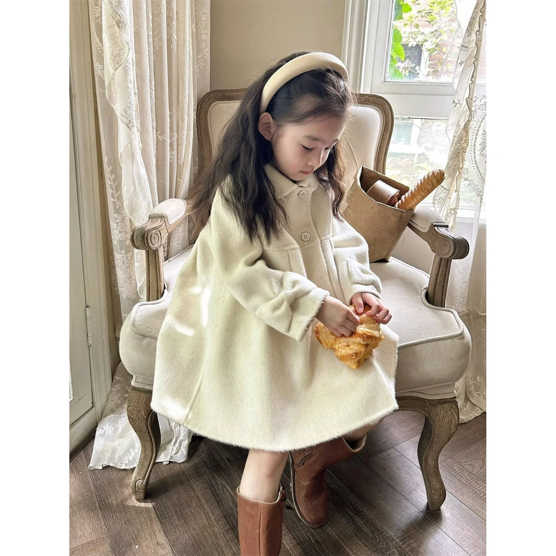 韩版童装2023秋冬新款女宝宝洋气加厚翻领毛呢外套双面毛呢大衣潮