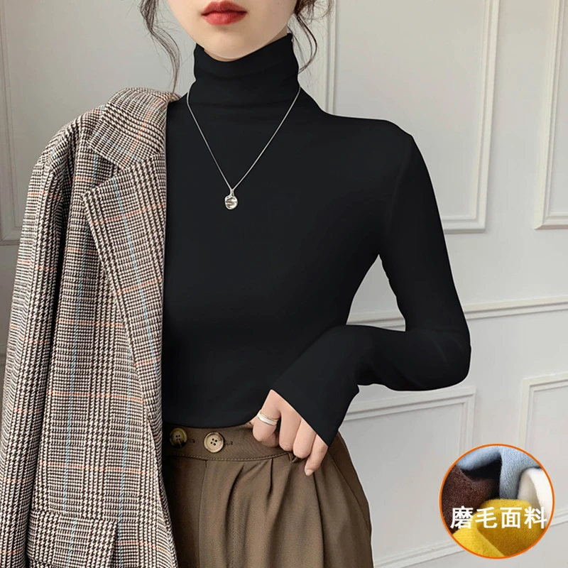 黑色高领打底衫女内搭秋冬德绒堆领上衣磨毛长袖T恤2025新款显瘦