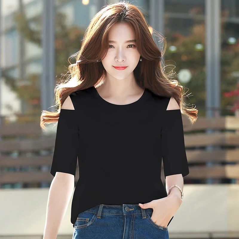 黑色中袖t恤女韩版纯色棉质宽松圆领露肩上衣2025年夏季新款ins潮